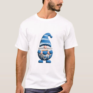Camiseta Gnomo de Hanukkah azul blanco sosteniendo Menorá