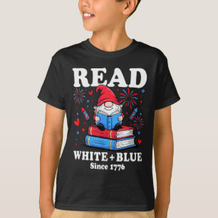 Camiseta Gnomo Patriótico Lee Libro Blanco Azul 4 de Julio