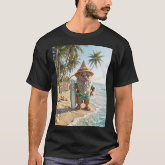 Camiseta Gnomo surfista en playa tropical con tabla de surf