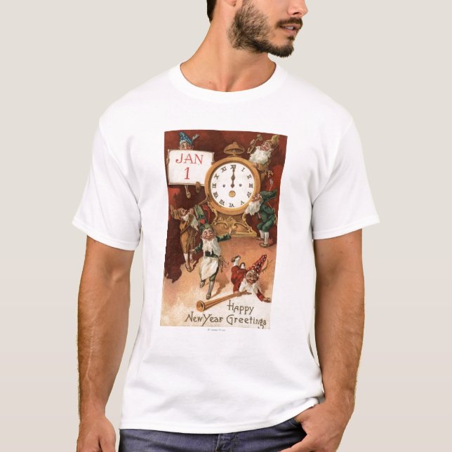 Camiseta Gnomos que van de fiesta alrededor de un reloj (Anverso)