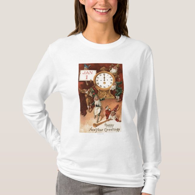 Camiseta Gnomos que van de fiesta alrededor de un reloj (Anverso)