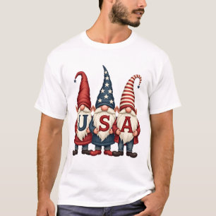 Camiseta Gnomos Trio Patrióticos Vintage USA Rojo Blanco Az