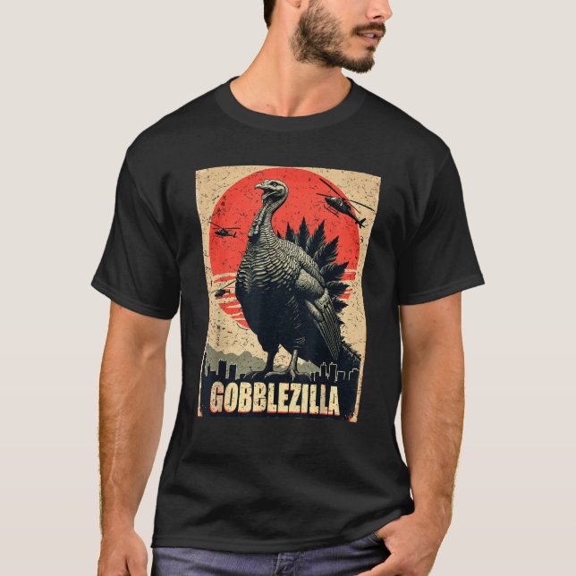 Camiseta Gobblezilla Turquía Humor Unisex Adultos Niños Neg (Anverso)