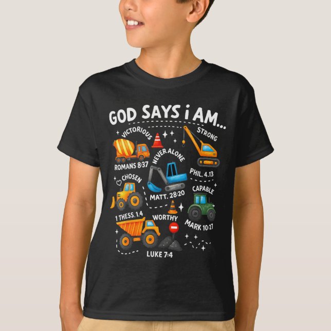 Camiseta God Says I Am Christian Bible Verses Boys Construc (Anverso)