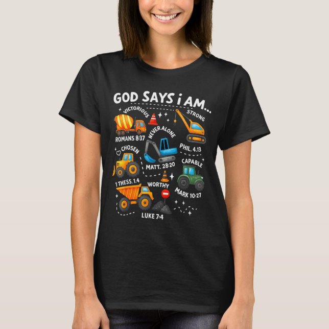 Camiseta God Says I Am Christian Bible Verses Boys Construc (Anverso)