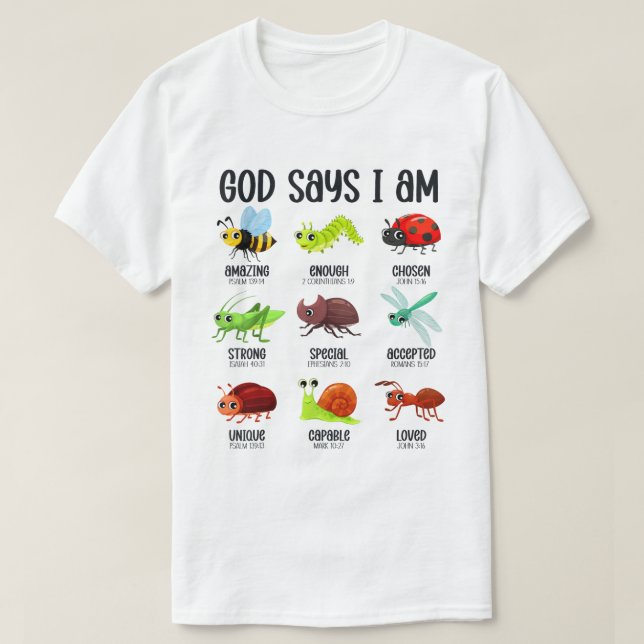 Camiseta God Says I Am Kids Christian Bug Bible Shirt (Diseño del anverso)