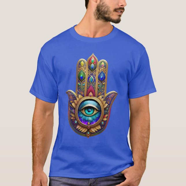 Camiseta Gold Peacock Colors Hamsa Green Sapphire Third Eye (Anverso)