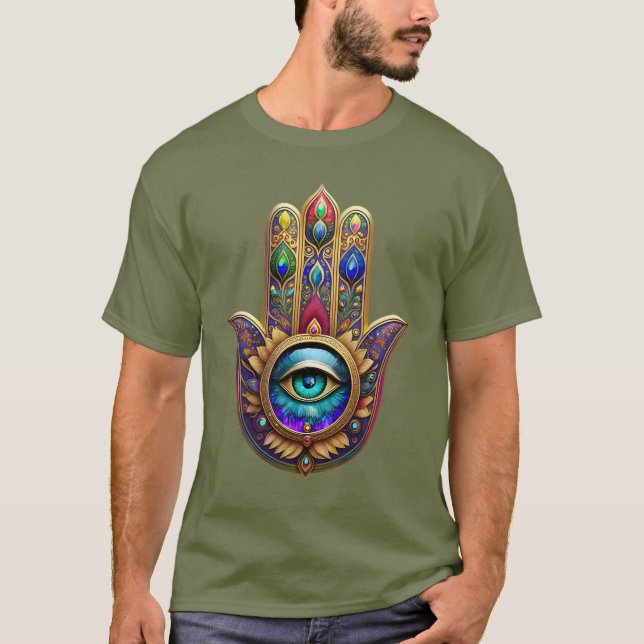 Camiseta Gold Peacock Colors Hamsa Green Sapphire Third Eye (Anverso)