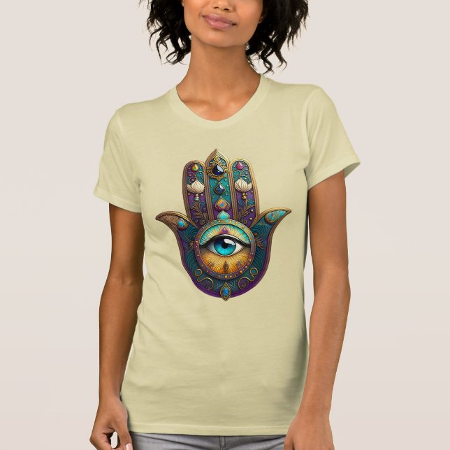 Camiseta Gold Violet Teal Hamsa w/ Turquoise Third Eye (Anverso)