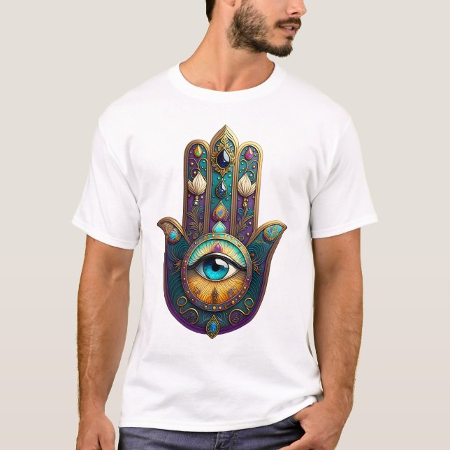 Camiseta Gold Violet Teal Hamsa w/ Turquoise Third Eye (Anverso)