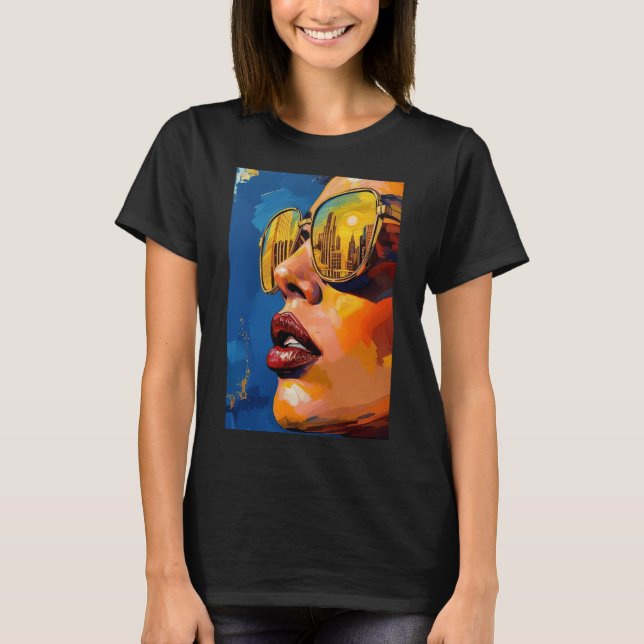 Camiseta Golden City Lights – Pop Art Woman with Sunglasses (Anverso)