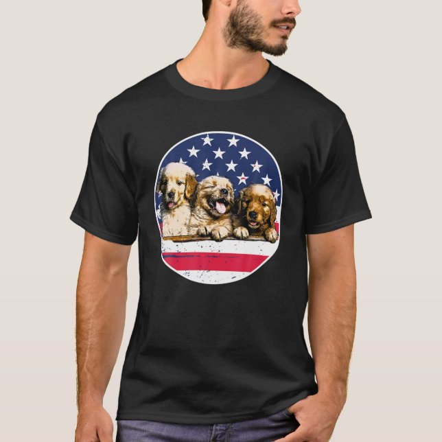 Camiseta Golden Retriever Bandera Estadounidense 4 De Julio (Anverso)
