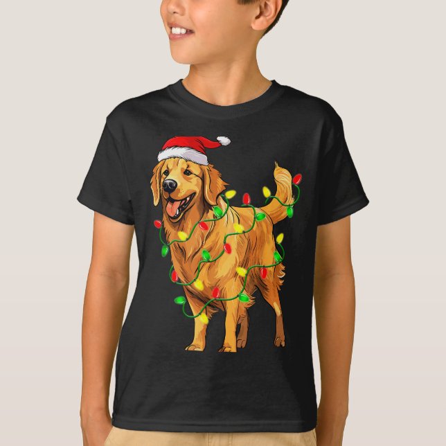 Camiseta Golden Retriever Christmas Santa Hat Tree Lights P (Anverso)