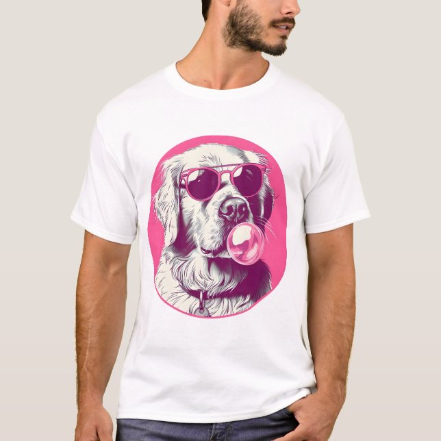 Camiseta Golden Retriever con gafas de sol chicle rosa (Anverso)