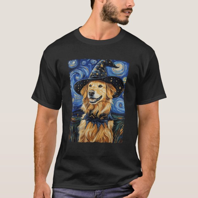 Camiseta Golden Retriever Witch Costume Painting Starry Nig (Anverso)