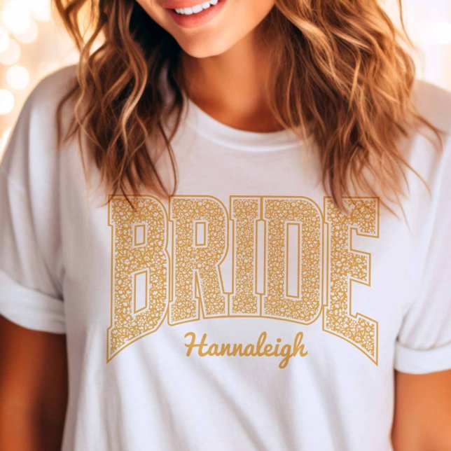 Camiseta Golden Yellow Floral BRIDE Wedding Bridal Shower (Subido por el creador)