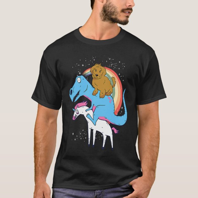 Camiseta Goldendoodle Dinosaur Riding Unicorn Kids Men Rain (Anverso)