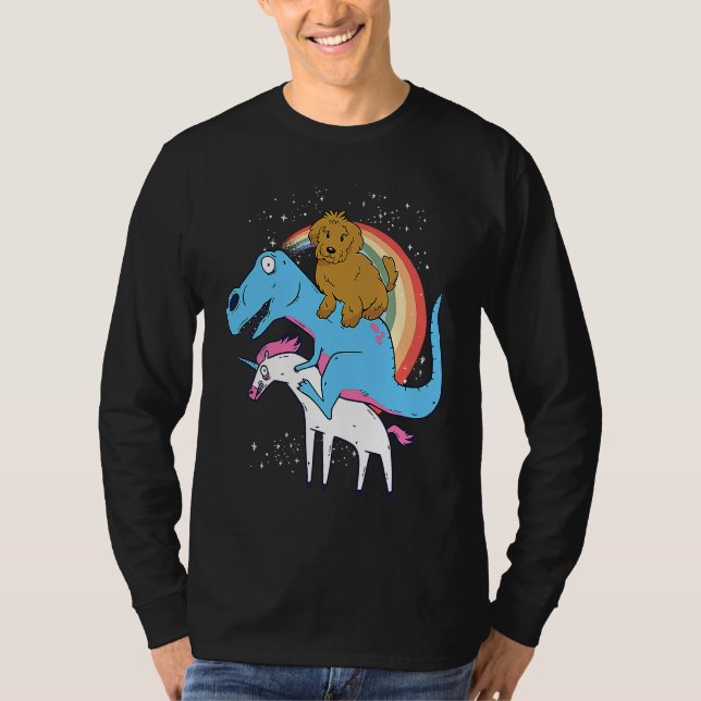 Camiseta Goldendoodle Dinosaur Riding Unicorn Kids Men Rain (Anverso)