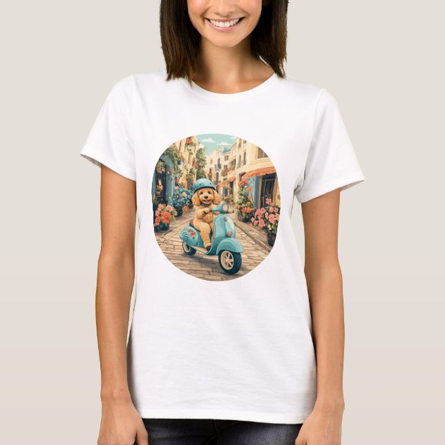 Camiseta Goldendoodle Dog Riding Scooter European Streets (Anverso)