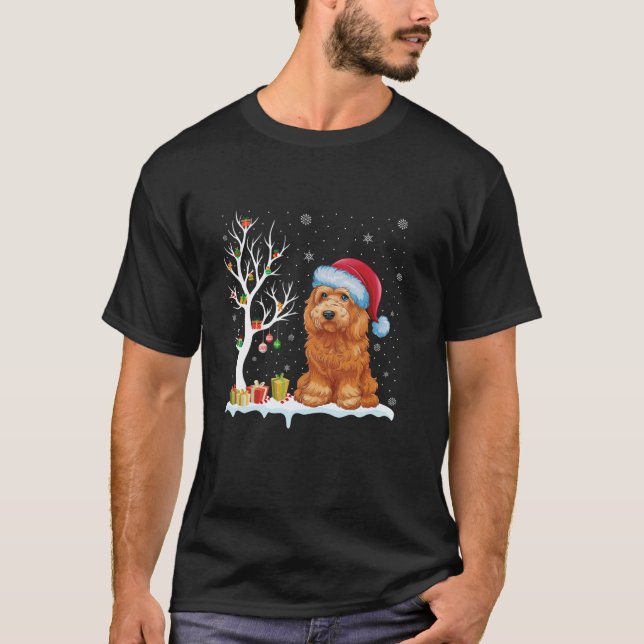 Camiseta Goldendoodle Perro Santa Hat Festividad Árbol Luz  (Anverso)