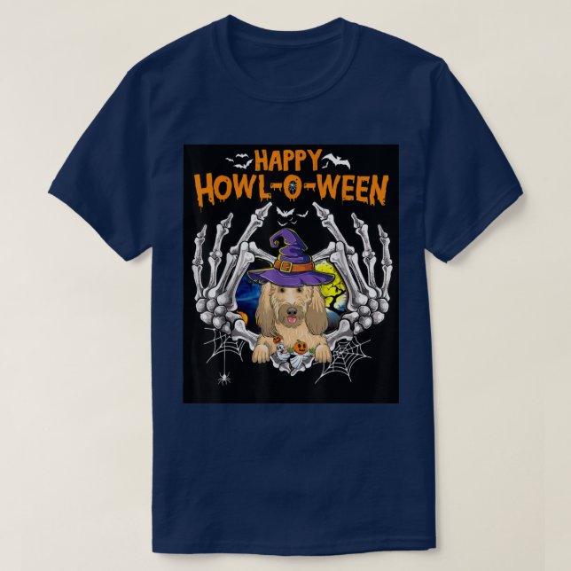 Camiseta Goldendoodle Skeleton Heart Happy HowlOWeen Costum (Diseño del anverso)