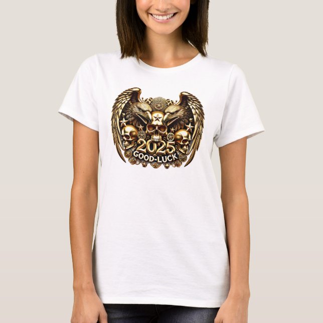 Camiseta Good Luck 2025 Doppeladler Totenkopf Gold (Anverso)