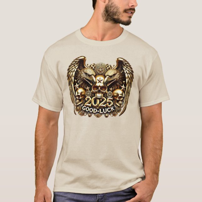 Camiseta Good Luck 2025 Doppeladler Totenkopf Gold (Anverso)