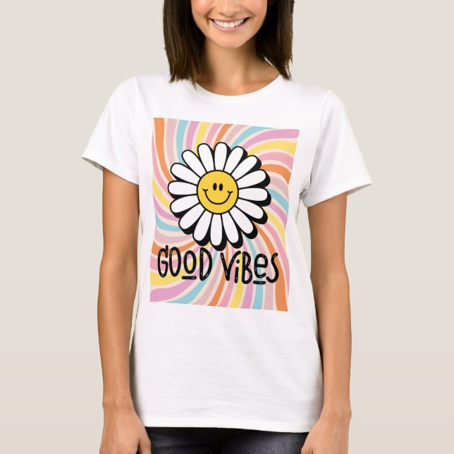 Camiseta Good Vibes com Flor Sorridente Estampa Psicodélico (Anverso)
