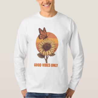Camiseta Good Vibes Only – Retro Butterfly & Sunflower Unis