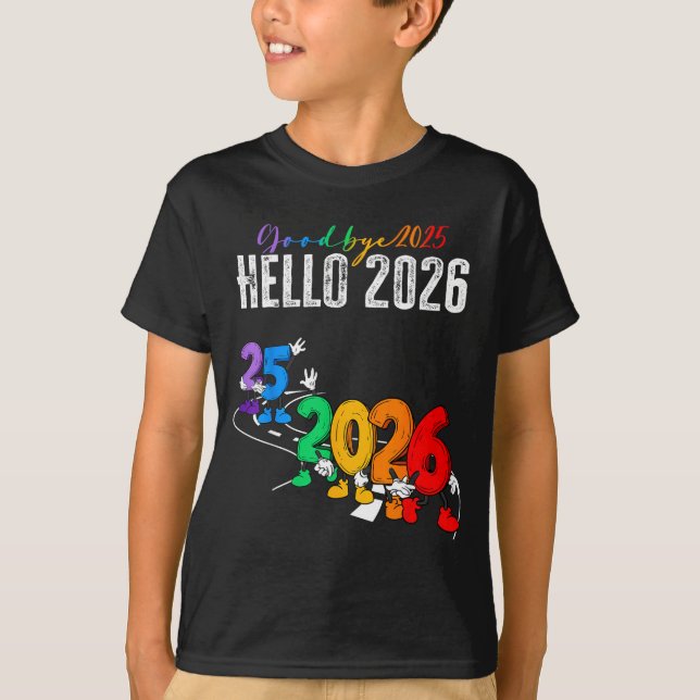 Camiseta Goodbye 2025 Hello 2026 Funny Cartoon New Year Boy (Anverso)