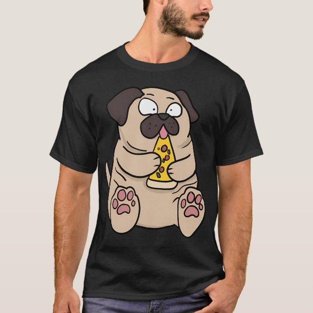 Camiseta Gordo perro pug comiendo pizza estilo cómico dibuj (Anverso)