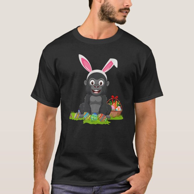 Camiseta Gorilla Easter Egg Cazando conejo Gorila Pascua Su (Anverso)