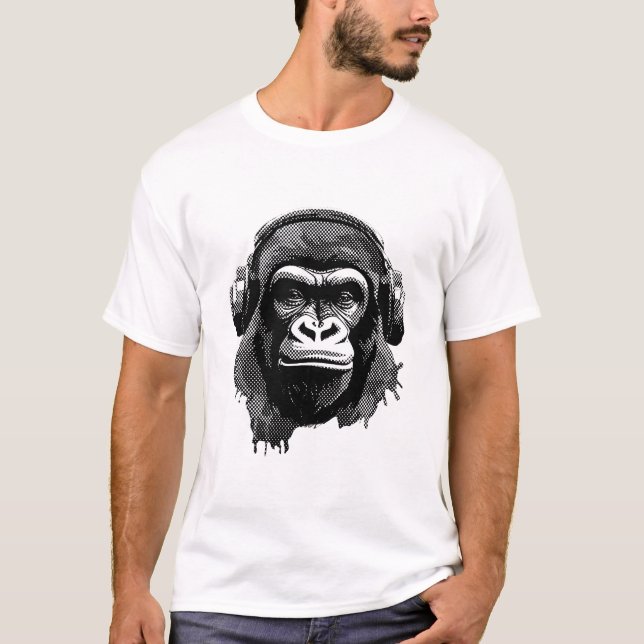 Camiseta Gorilla mit Kopfhörern schwarz weiß (Anverso)