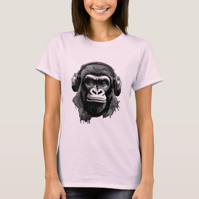 Camiseta Gorillakopf mit Kopfhörern schwarz weiß Pixel (Anverso)