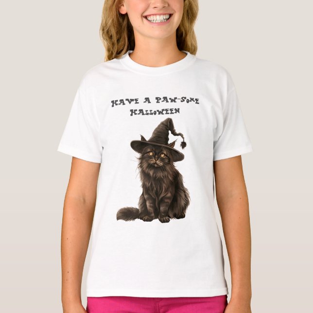 Camiseta Gorra de bruja de gato negro paw-some Halloween (Anverso)