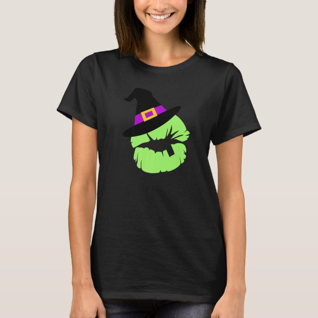 Camiseta Gorra de bruja en labios verdes florescentes (Anverso)