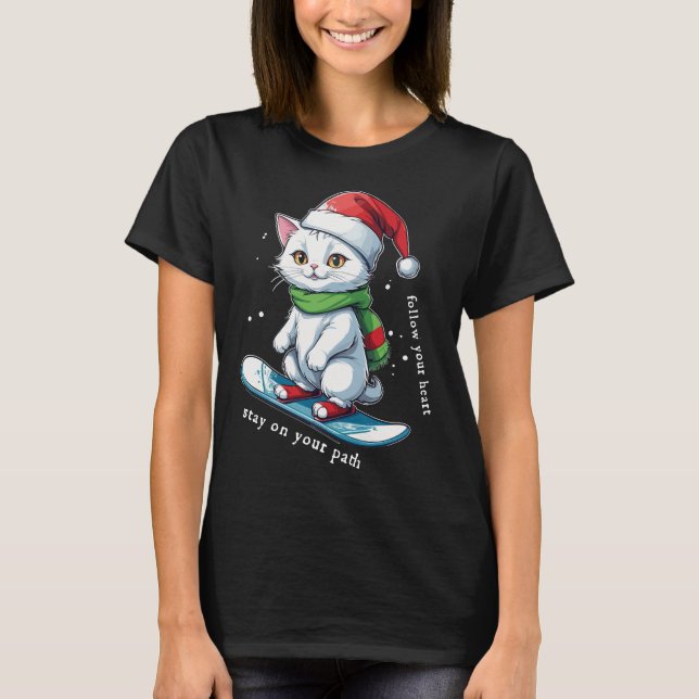 Camiseta Gorra de Navidades de gato Snowboard (Anverso)