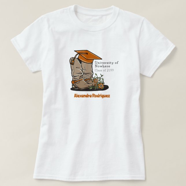 Camiseta Gorra y flores de graduación de botas de Naranja q (Diseño del anverso)