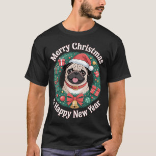 Camiseta Gorras de Santa de Navidad para Mujeres Pug Alegre