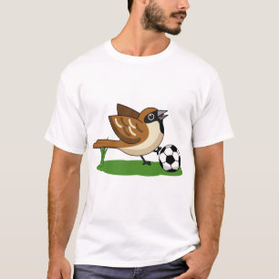 Camiseta Gorrión de dibujos animados lindo jugando fútbol