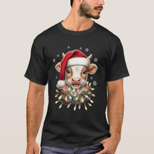 Camiseta Gorrito de Santa de Vaca Luz de Navidad Árbol Anim