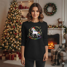 Camiseta Gorrito de Santa Unicornio Arcoíris de Navidad