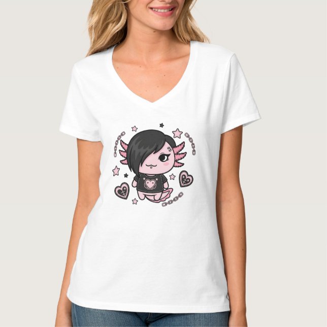 Camiseta Goth E-Girl Axolotl with Pink Chains and Hearts (Anverso)