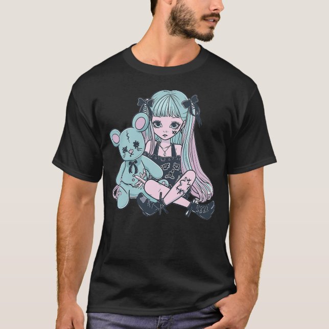 Camiseta Goth Pastel Kawaii Anime Girl with Voodoo doll Ted (Anverso)