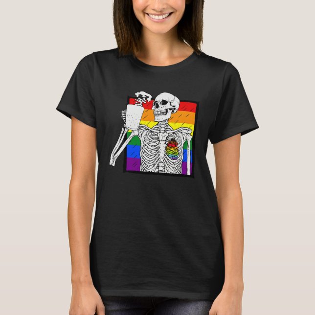 Camiseta Goth Skeleton Coffee Gay Lesbian Pride Rainbow Hum (Anverso)