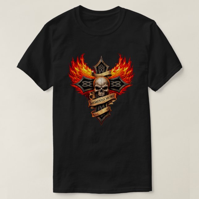 Camiseta Gothic Skull Cross with Flaming Wings Memento Mori (Diseño del anverso)