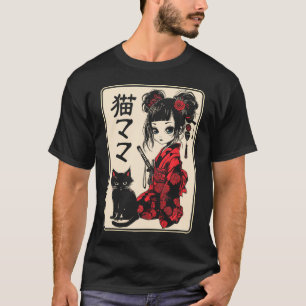 Camiseta Gótica japonesa Kawaii Anime Samurai Gato Mujer