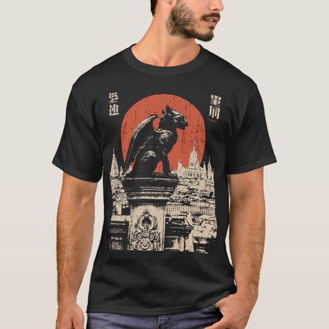 Camiseta Gótico Estilo de Gargoyle Luna Roja Japonés Fantas (Anverso)