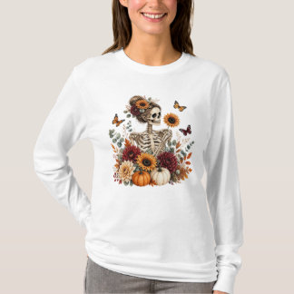 Camiseta Gótico Floral Esqueleto Otoño Halloween 
