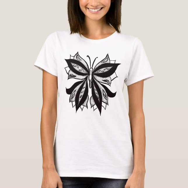 Camiseta Gótico Mariposa Arte De Tatuaje Blanco Y Negro (Anverso)